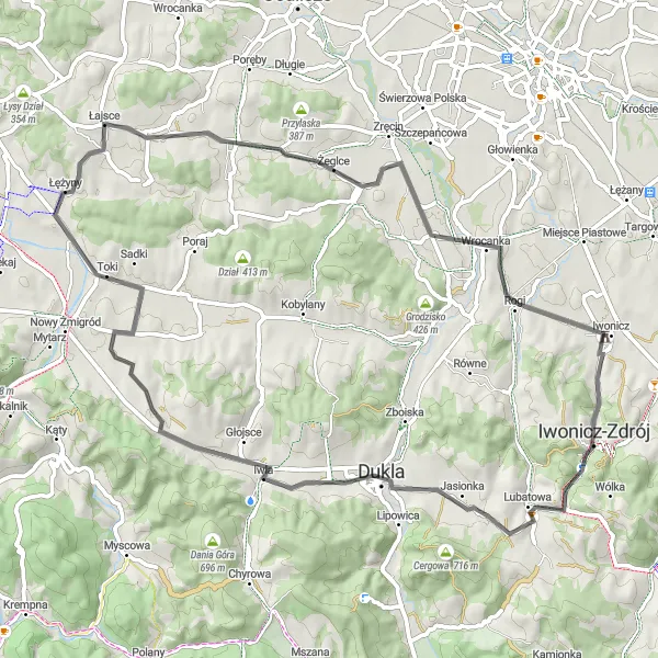 Map miniature of "Przedziwna Ride" cycling inspiration in Podkarpackie, Poland. Generated by Tarmacs.app cycling route planner