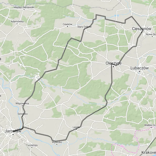 Map miniature of "San River Scenic Route" cycling inspiration in Podkarpackie, Poland. Generated by Tarmacs.app cycling route planner