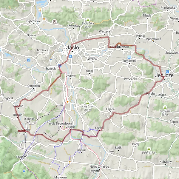 Map miniature of "Gravel ride from Jedlicze" cycling inspiration in Podkarpackie, Poland. Generated by Tarmacs.app cycling route planner