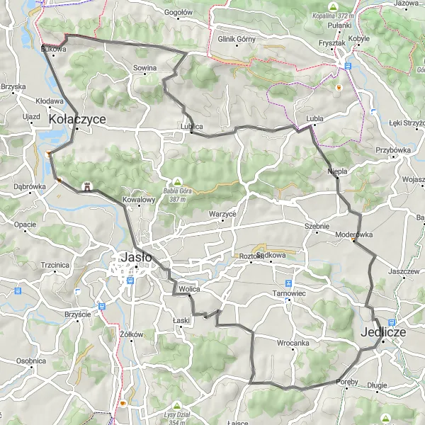 Map miniature of "Scenic Road Cycling Loop near Jedlicze" cycling inspiration in Podkarpackie, Poland. Generated by Tarmacs.app cycling route planner
