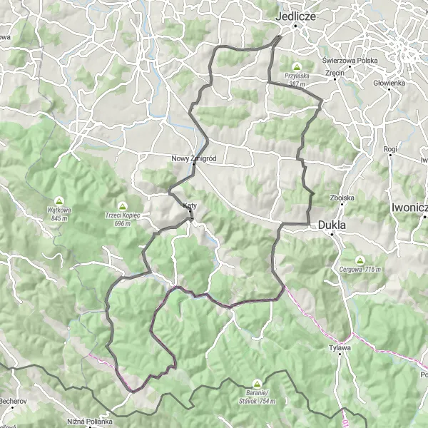 Map miniature of "Road cycling adventure around Jedlicze" cycling inspiration in Podkarpackie, Poland. Generated by Tarmacs.app cycling route planner