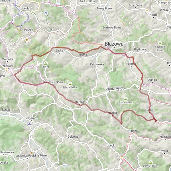 Map miniature of "Blizianka - Błażowa Górna - Buda - Ostry Dział - Kamieniec Gravel Loop" cycling inspiration in Podkarpackie, Poland. Generated by Tarmacs.app cycling route planner