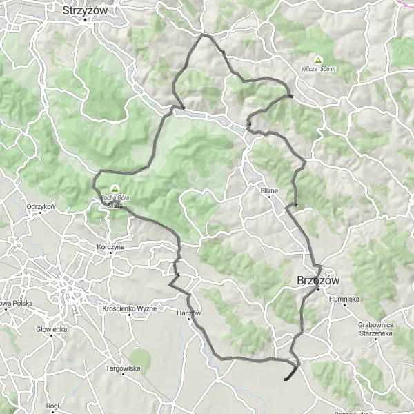 Map miniature of "Stara Wieś Grand Loop" cycling inspiration in Podkarpackie, Poland. Generated by Tarmacs.app cycling route planner