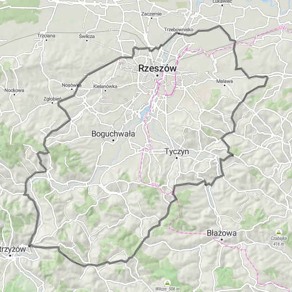 Map miniature of "The Ultimate Road Challenge" cycling inspiration in Podkarpackie, Poland. Generated by Tarmacs.app cycling route planner
