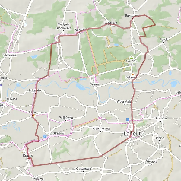 Miniatura mapy "Szlak przez Węgliska i Łańcut" - trasy rowerowej w Podkarpackie, Poland. Wygenerowane przez planer tras rowerowych Tarmacs.app