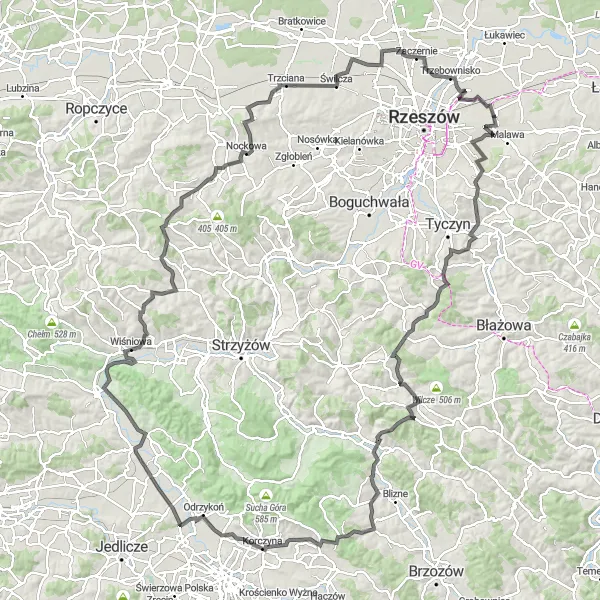 Map miniature of "Podkarpackie Challenge" cycling inspiration in Podkarpackie, Poland. Generated by Tarmacs.app cycling route planner