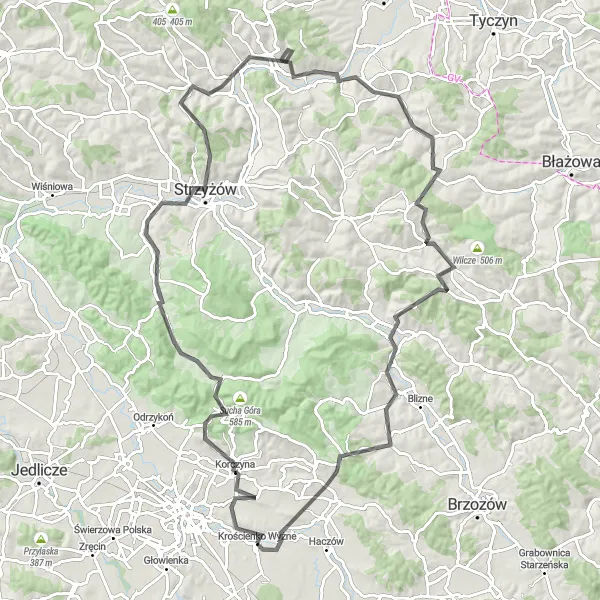 Map miniature of "Road Cycling: Challenge of the Mountains" cycling inspiration in Podkarpackie, Poland. Generated by Tarmacs.app cycling route planner