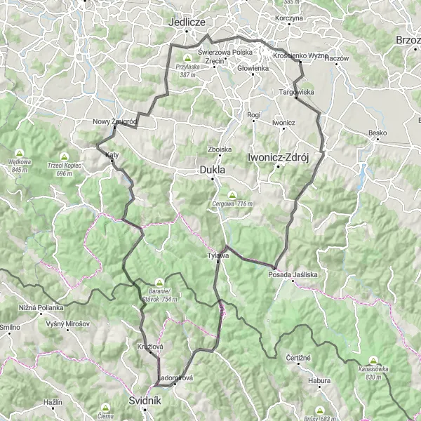 Map miniature of "The Mountain Challenge" cycling inspiration in Podkarpackie, Poland. Generated by Tarmacs.app cycling route planner