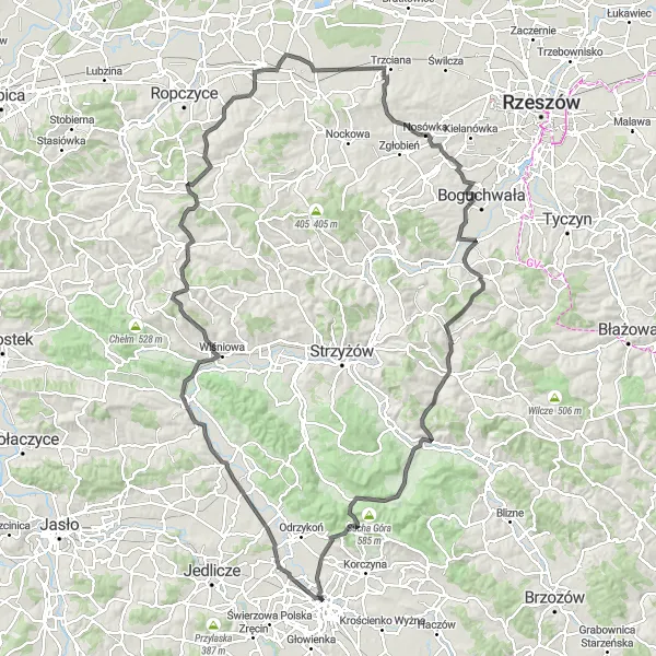 Map miniature of "Travels through the Rolling Hills" cycling inspiration in Podkarpackie, Poland. Generated by Tarmacs.app cycling route planner