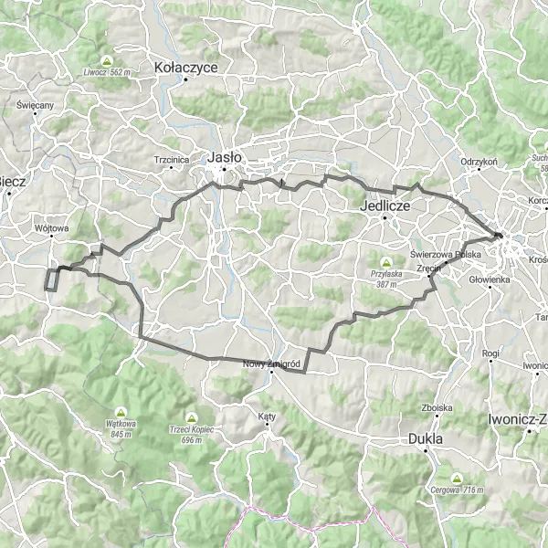 Map miniature of "Scenic Road Cycling Tour around Krosno" cycling inspiration in Podkarpackie, Poland. Generated by Tarmacs.app cycling route planner