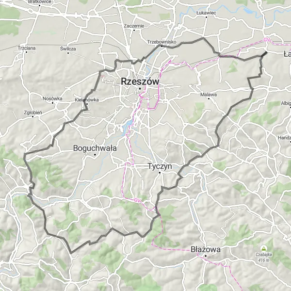 Map miniature of "The Kraczkowa Loop" cycling inspiration in Podkarpackie, Poland. Generated by Tarmacs.app cycling route planner