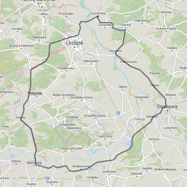 Map miniature of "The Hilly Loop" cycling inspiration in Podkarpackie, Poland. Generated by Tarmacs.app cycling route planner