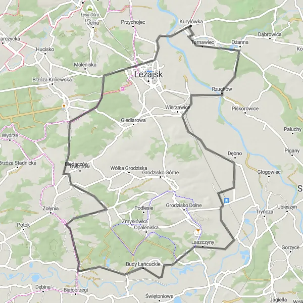 Map miniature of "The Historical Route" cycling inspiration in Podkarpackie, Poland. Generated by Tarmacs.app cycling route planner