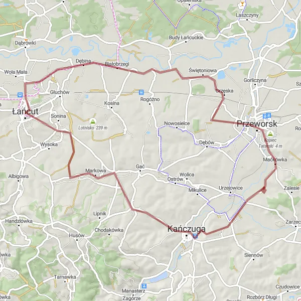 Map miniature of "Białobrzegi to Łańcut: Scenic Gravel Route" cycling inspiration in Podkarpackie, Poland. Generated by Tarmacs.app cycling route planner