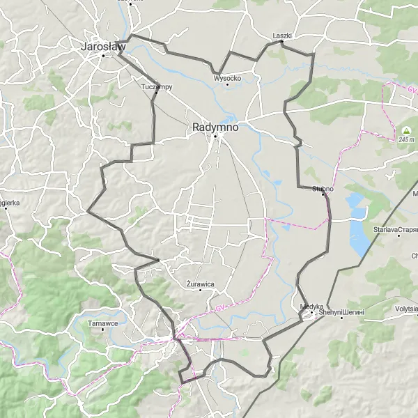 Map miniature of "Road Cycling Challenge: Torki, Jaksmanice, and Kopiec Tatarski" cycling inspiration in Podkarpackie, Poland. Generated by Tarmacs.app cycling route planner