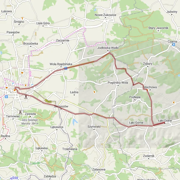 Map miniature of "Skrzyszów Gravel Loop" cycling inspiration in Podkarpackie, Poland. Generated by Tarmacs.app cycling route planner