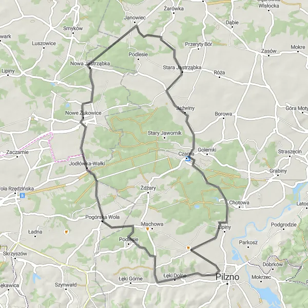 Map miniature of "Pogórska Wola Loop" cycling inspiration in Podkarpackie, Poland. Generated by Tarmacs.app cycling route planner