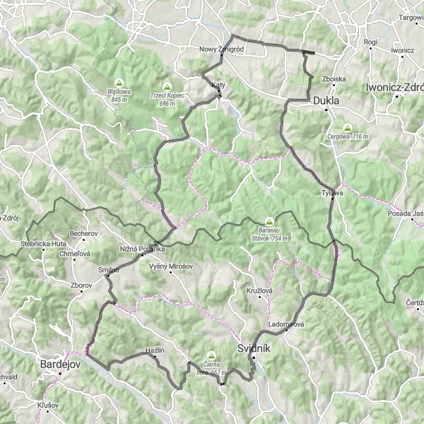 Miniatura mapy "Ekstremalna trasa przez Przełęcz Beskid i Widok na Nowy Żmigród" - trasy rowerowej w Podkarpackie, Poland. Wygenerowane przez planer tras rowerowych Tarmacs.app
