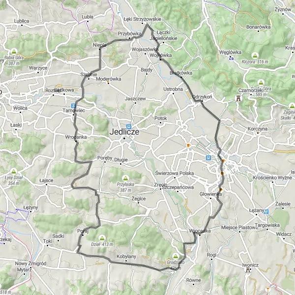 Map miniature of "Traversing the Hills of Łęki Dukielskie" cycling inspiration in Podkarpackie, Poland. Generated by Tarmacs.app cycling route planner