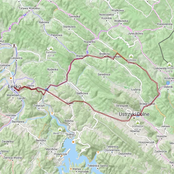 Map miniature of "Lesko to Ustjanowa Dolna Gravel Adventure" cycling inspiration in Podkarpackie, Poland. Generated by Tarmacs.app cycling route planner