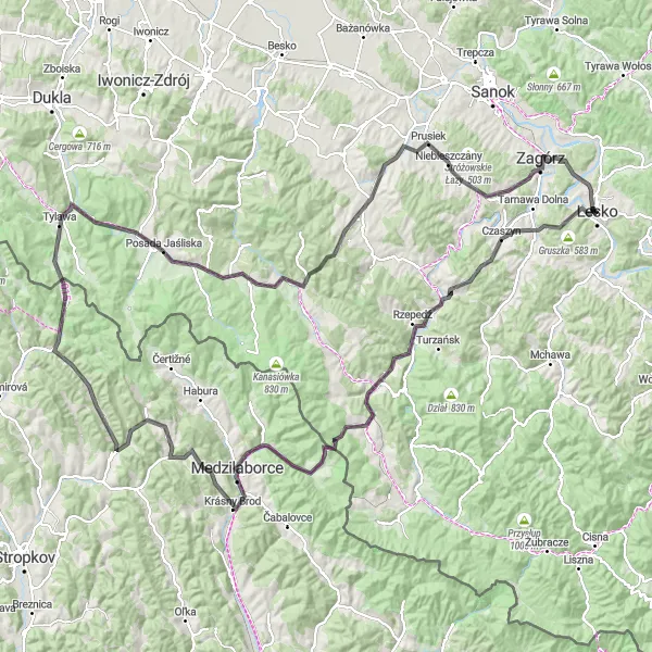Miniatura mapy "Trasa Road Lesko - Kocina Góra" - trasy rowerowej w Podkarpackie, Poland. Wygenerowane przez planer tras rowerowych Tarmacs.app