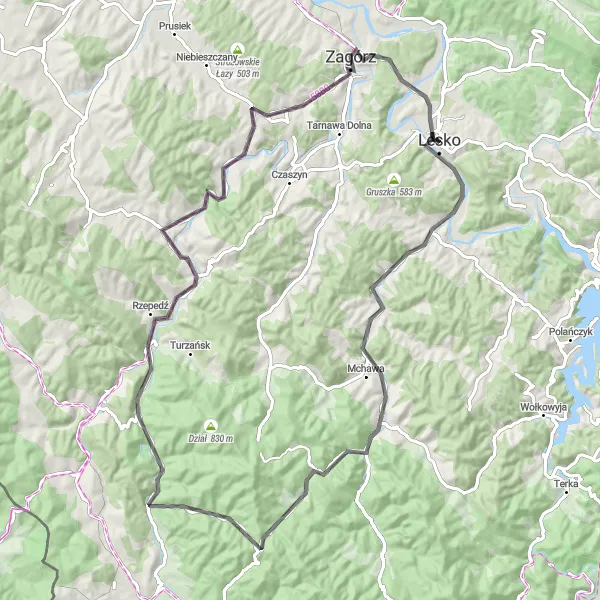 Map miniature of "Lesko to Prełuki Scenic Road Ride" cycling inspiration in Podkarpackie, Poland. Generated by Tarmacs.app cycling route planner