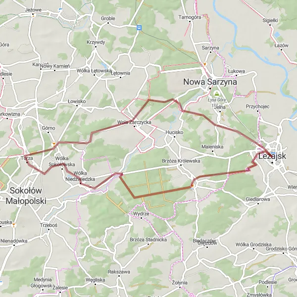 Map miniature of "Wola Zarczycka Gravel Loop" cycling inspiration in Podkarpackie, Poland. Generated by Tarmacs.app cycling route planner