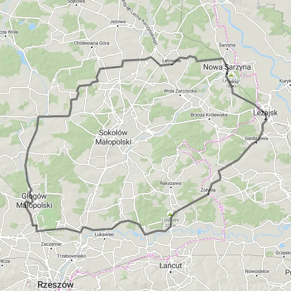 Map miniature of "Journey through Leżajsk and its Surroundings" cycling inspiration in Podkarpackie, Poland. Generated by Tarmacs.app cycling route planner