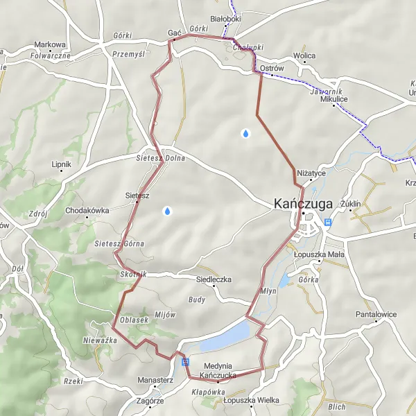 Map miniature of "Gać and Kańczuga Gravel Adventure" cycling inspiration in Podkarpackie, Poland. Generated by Tarmacs.app cycling route planner