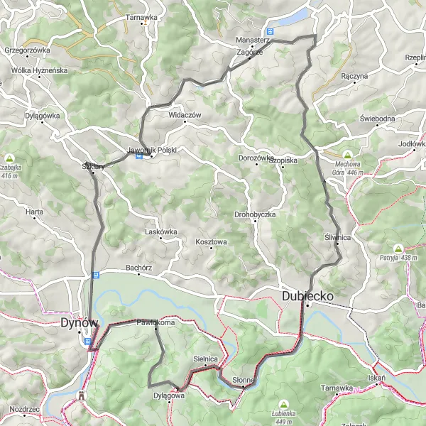 Map miniature of "The Green Hills Road Loop" cycling inspiration in Podkarpackie, Poland. Generated by Tarmacs.app cycling route planner