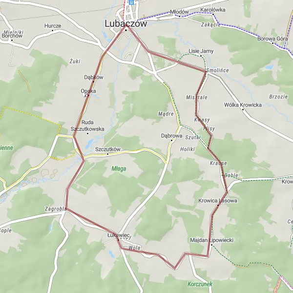 Miniatura mapy "Trasa Gravelowa do Opaki" - trasy rowerowej w Podkarpackie, Poland. Wygenerowane przez planer tras rowerowych Tarmacs.app