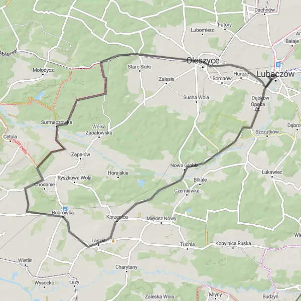Miniatura mapy "Trasa Szosowa do Hurcz" - trasy rowerowej w Podkarpackie, Poland. Wygenerowane przez planer tras rowerowych Tarmacs.app