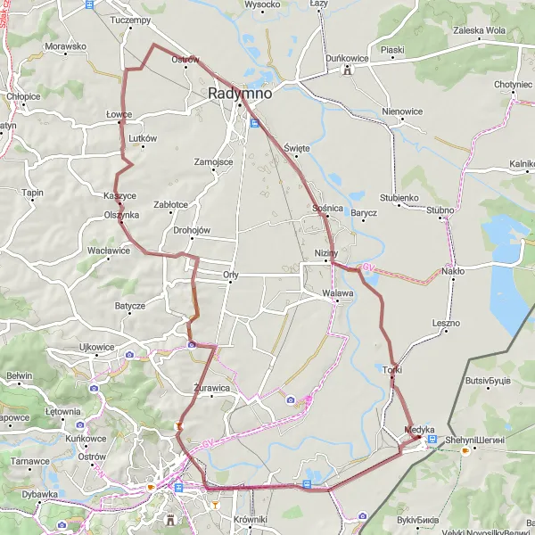 Miniatura mapy "Trasa gravelowa przez okolice Medyki" - trasy rowerowej w Podkarpackie, Poland. Wygenerowane przez planer tras rowerowych Tarmacs.app