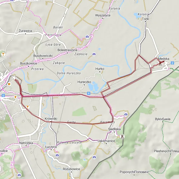 Map miniature of "Scenic Medyka Gravel Route" cycling inspiration in Podkarpackie, Poland. Generated by Tarmacs.app cycling route planner