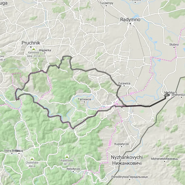Miniatura mapy "Trasa dookoła Medyki" - trasy rowerowej w Podkarpackie, Poland. Wygenerowane przez planer tras rowerowych Tarmacs.app