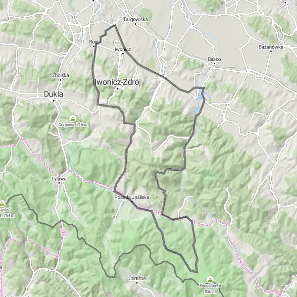 Map miniature of "From Miejsce Piastowe to Krawcówka Loop" cycling inspiration in Podkarpackie, Poland. Generated by Tarmacs.app cycling route planner