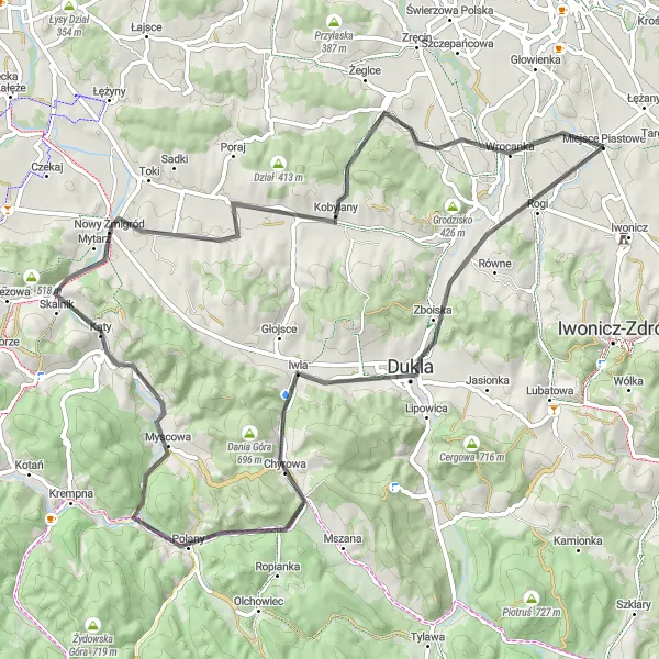 Map miniature of "Piastowe and the Mountain Passes" cycling inspiration in Podkarpackie, Poland. Generated by Tarmacs.app cycling route planner