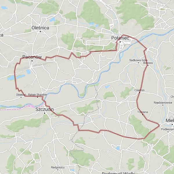 Map miniature of "Through the Gravel Roads" cycling inspiration in Podkarpackie, Poland. Generated by Tarmacs.app cycling route planner