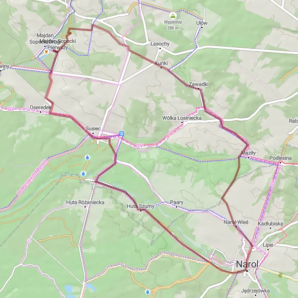Map miniature of "Kunki Discovery" cycling inspiration in Podkarpackie, Poland. Generated by Tarmacs.app cycling route planner