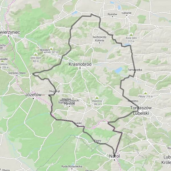 Miniatura mapy "Trasa rowerowa Oseredek - Wieża widokowa Nowiny - Szopowe - Szewnia Górna - Rogóźno - Narol" - trasy rowerowej w Podkarpackie, Poland. Wygenerowane przez planer tras rowerowych Tarmacs.app