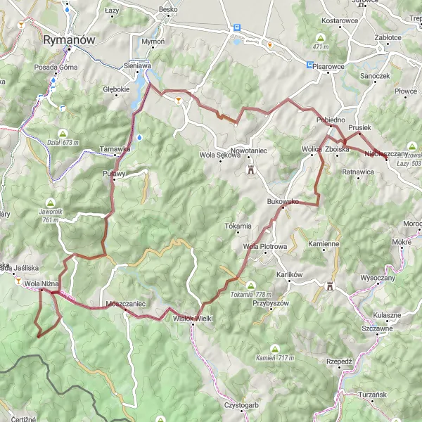 Map miniature of "Gravel Cycling Route to Bukowsko and Rudawka Rymanowska" cycling inspiration in Podkarpackie, Poland. Generated by Tarmacs.app cycling route planner