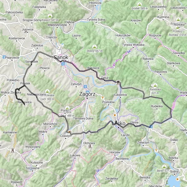 Map miniature of "Road Cycling Route to Bykowce and Lesko" cycling inspiration in Podkarpackie, Poland. Generated by Tarmacs.app cycling route planner