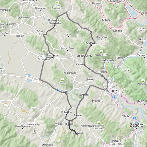 Miniatura mapy "Trasa z Niebieszczan do Sanoczka" - trasy rowerowej w Podkarpackie, Poland. Wygenerowane przez planer tras rowerowych Tarmacs.app