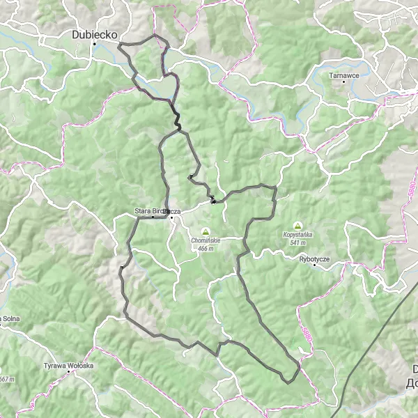 Map miniature of "Peak Challenge" cycling inspiration in Podkarpackie, Poland. Generated by Tarmacs.app cycling route planner