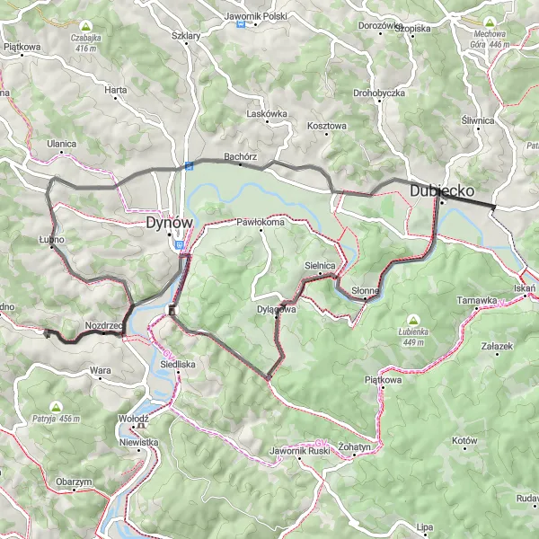 Map miniature of "Nienadowa - Dubiecko Castle Loop" cycling inspiration in Podkarpackie, Poland. Generated by Tarmacs.app cycling route planner