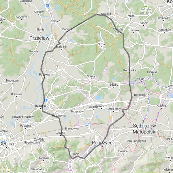 Map miniature of "The Road Less Traveled" cycling inspiration in Podkarpackie, Poland. Generated by Tarmacs.app cycling route planner