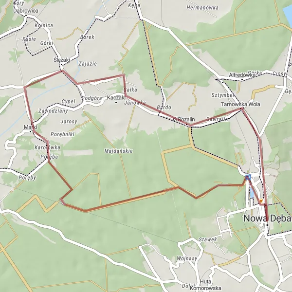 Map miniature of "Taste of Nowa Dęba" cycling inspiration in Podkarpackie, Poland. Generated by Tarmacs.app cycling route planner