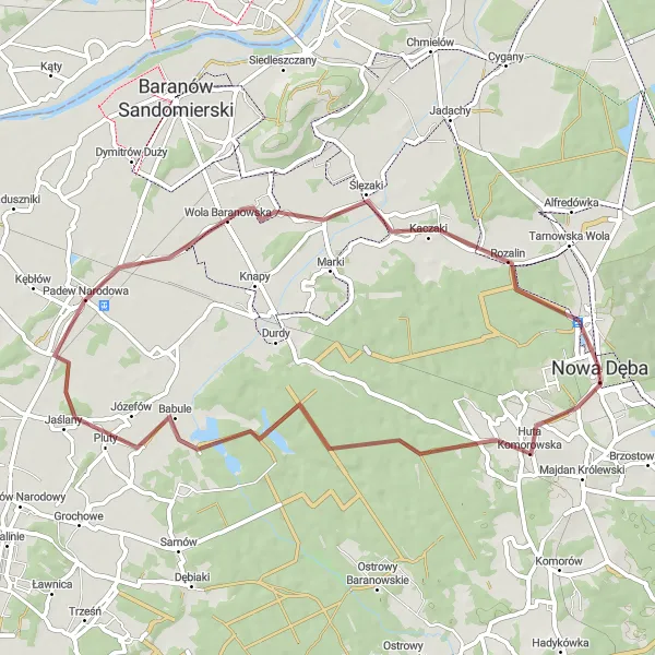 Map miniature of "Around Huta Komorowska" cycling inspiration in Podkarpackie, Poland. Generated by Tarmacs.app cycling route planner