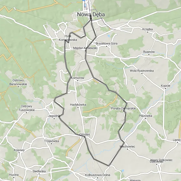 Map miniature of "Countryside Roads to Poręby Dymarskie" cycling inspiration in Podkarpackie, Poland. Generated by Tarmacs.app cycling route planner