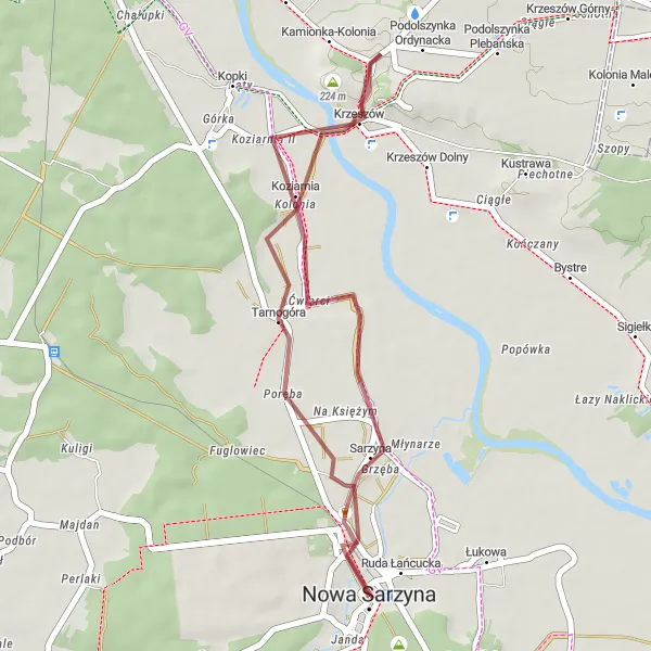 Map miniature of "Sarzyna Gravel Loop" cycling inspiration in Podkarpackie, Poland. Generated by Tarmacs.app cycling route planner